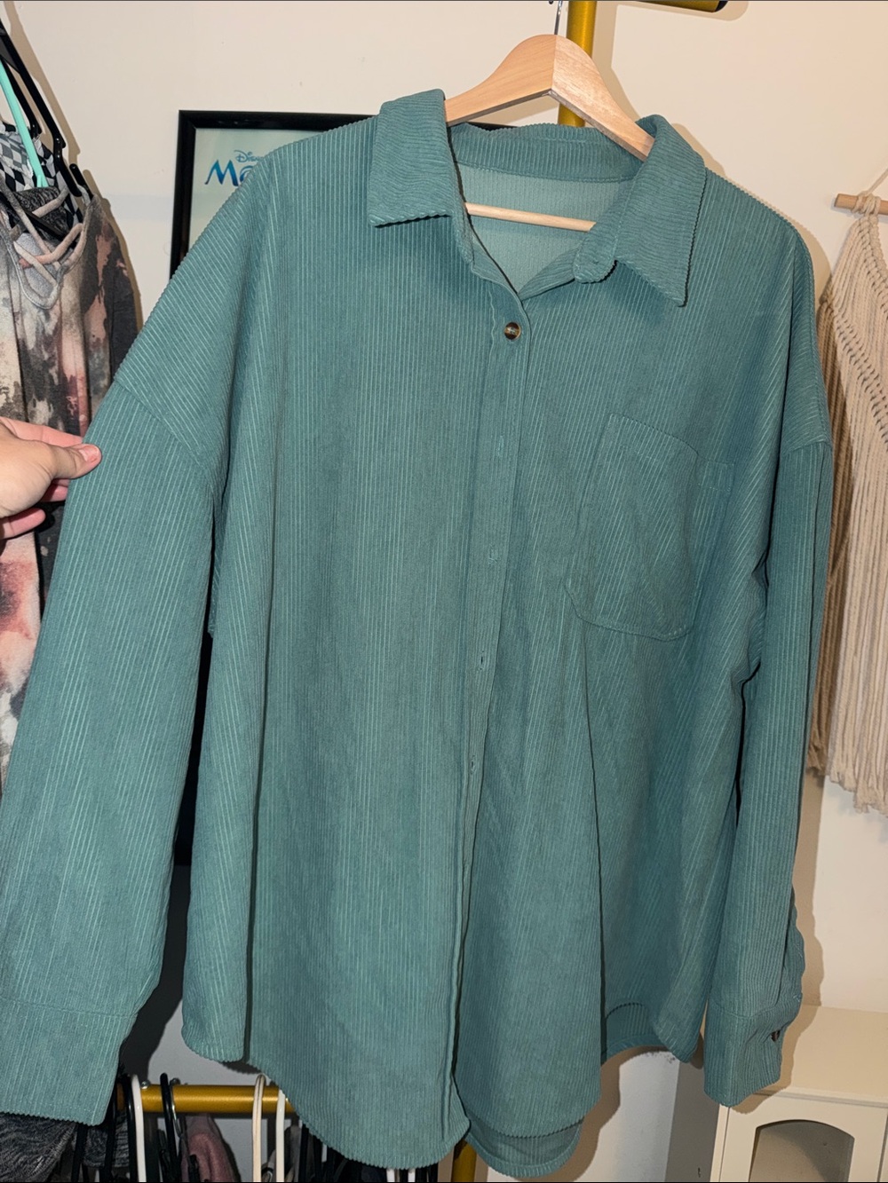 Corduroy Button-Up Shirt Jacket in Teal